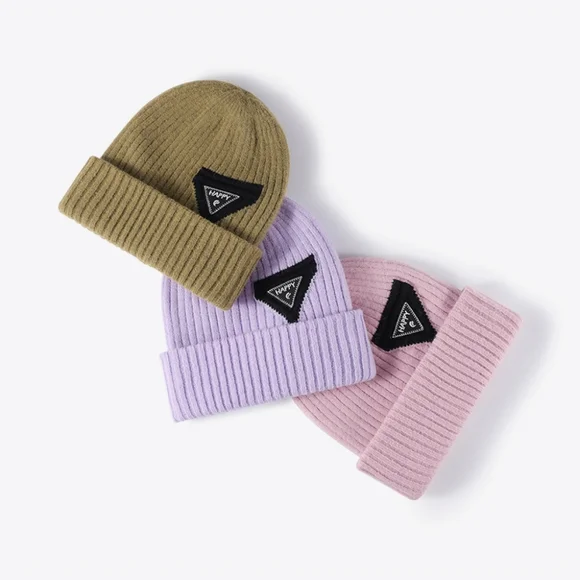 HAPPY Beanie Color Contrast Hat Ribbed Knit Minimalist Warm Toboggan Skull Cap - Picture 10 of 13